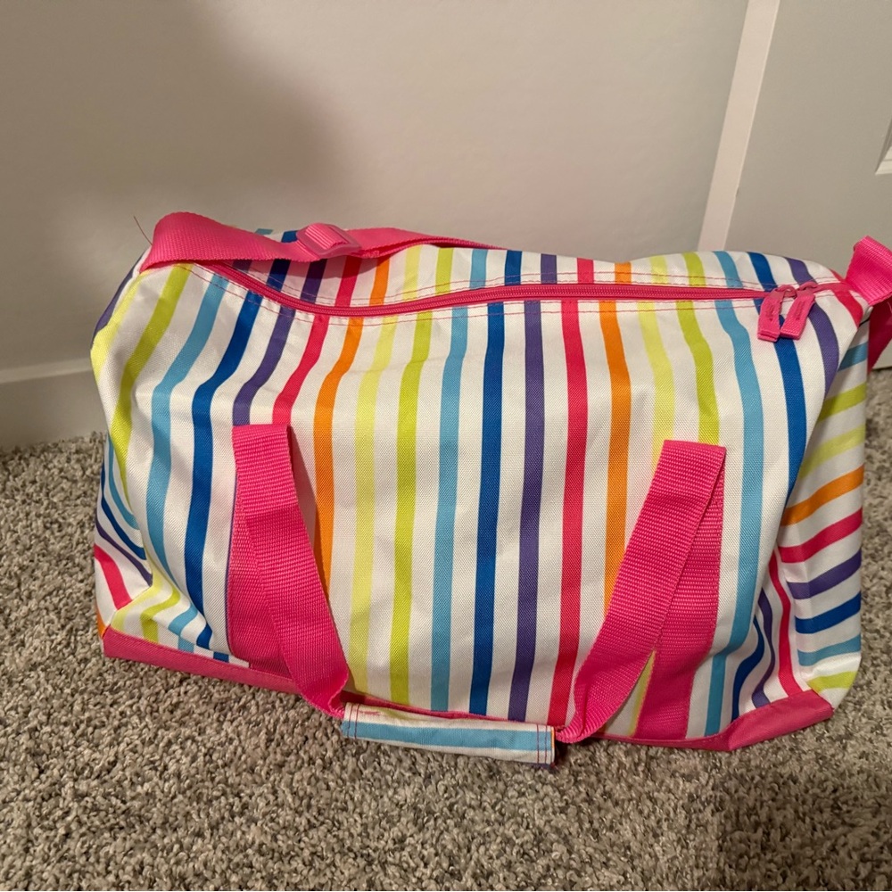 NEW Colorful Striped Duffel Bag with Pink Handles